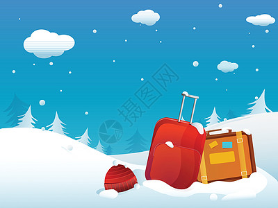 寒假庆祝与背包在白雪皑皑的冬天行李假期多云海报季节问候降雪雪花天气图片