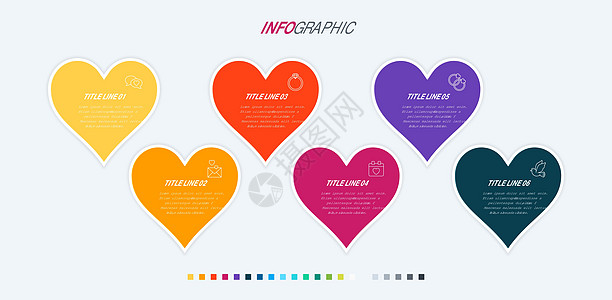 彩色图表信息图表模板 有 6 颗心的时间轴 爱情假期的模块化工作流程 矢量设计 温暖的调色板图片