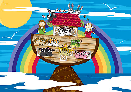 卡通诺亚方舟和动物狮子彩虹奶牛圣经历史卡通片斑马宗教图片
