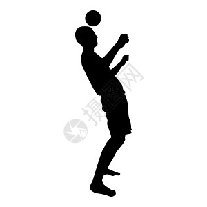 男子将球踢在头上 足球运动员用他的头拍球足球概念杂耍技巧与球图标黑色矢量插图平面风格图像展示玩家男人男生冠军游戏竞赛男性行动跳跃图片