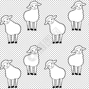 点状背景上有两只卡通羊的可爱单色无缝图案图片