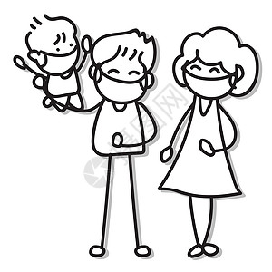 手绘卡通人物一家人戴口罩防护孩子们父母家庭母亲免疫幸福卡通片面具绘画发烧图片