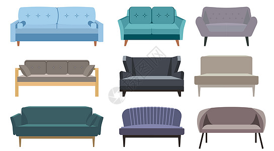 沙发套 平面样式沙发的集合 矢量卡通插画 在白色背景下隔离的室内设计舒适休息室的集合 不同型号的长椅图标图片