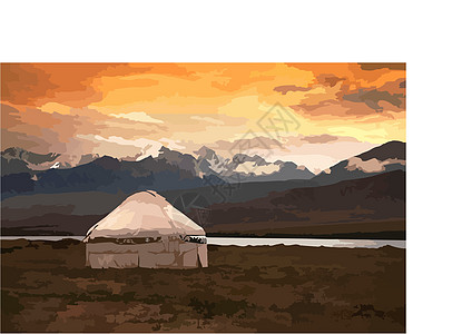 蒙古的看法 蒙古草原上的蒙古包传统蒙古民居 在背景上的山 旅行素描 刷笔图形艺术 手绘复古书籍插图明信片 韦克托冒险草地天空游牧图片