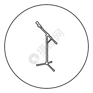 立式麦克风录音设备圆圈圆形轮廓黑色矢量插图平面样式图像中麦克风图标的机架图片