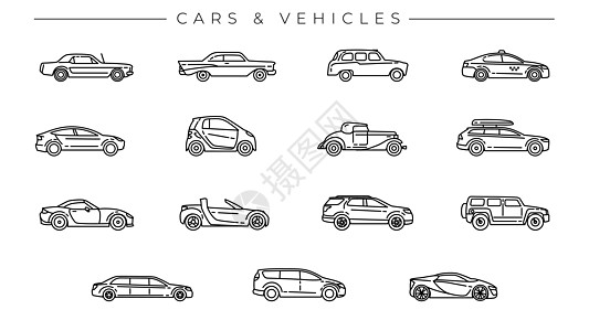 汽车和车辆概念线样式矢量图标集车轮面包车两人跑车乘客信息交通吉普车轿车轿跑车图片