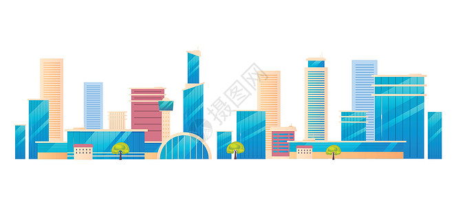 现代城市大都会卡通矢量图 城市天际线平面颜色对象 在白色背景隔绝的住宅区大厦摩天大楼 商业中心图片