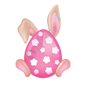 可爱的复活节兔子隐藏在粉红色的蛋卡哇伊卡通矢量人物后面 可爱有趣的动物爪子和耳朵隔离贴纸 逾越节的象征 动漫婴儿兔兔表情符号在惠图片