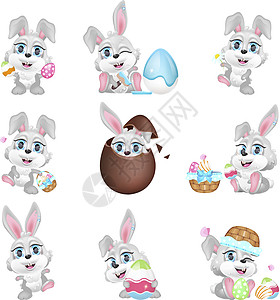 可爱的复活节灰兔 kawaii 卡通矢量字符集 春季节日贺卡设计元素 可爱有趣的兔子和鸡蛋 快乐的兔子孤立集合上惠特图片