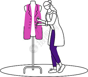 时装设计师在工作室平面轮廓矢量图 小号艺术制衣衣服裁缝线条紫色背心服装收藏绘画图片