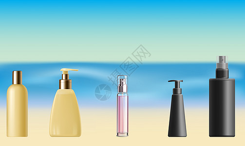 在抽象背景上模拟情侣化妆品的插图液体桌子展示产品水分喷雾瓶子酒精小样广告图片