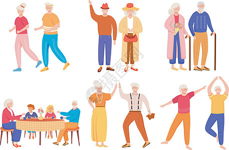 退休人员平面矢量插图集 老年家庭图片