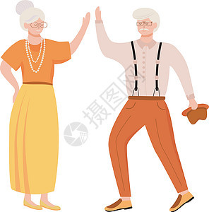 退休人员跳舞平面矢量插图 高龄家庭 老夫妇花时间在一起 浪漫的消遣 复古服装卡通中的养老金领取者在白色背景上孤立人物图片