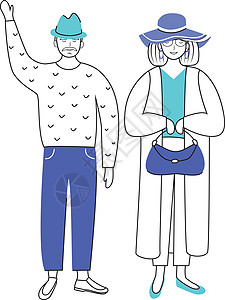 退休人员平面矢量图解 高龄家庭 老人挥手 穿着外衣的老夫妇 养老金领取者在白色背景上用轮廓元素隔离了卡通人物外套帽子衣服成人插图图片