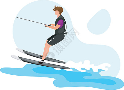 滑水平面矢量图 极限运动体验 积极的生活方式 夏季户外趣味活动 海洋绿松石波 蓝色背景上孤立的运动员卡通人物滑雪闲暇海浪活力插图图片