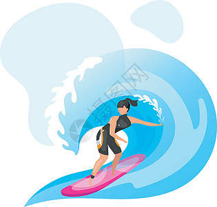 冲浪平面矢量图 极限运动体验 积极的生活方式 暑假户外趣味活动 海洋绿松石波 蓝色背景上孤立的女运动员卡通人物海洋热带乐趣爱好插图片