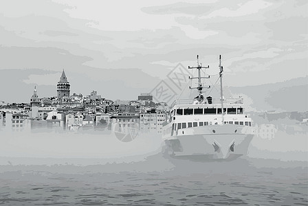 伊斯坦布尔的城市景观和景观与船全景蓝色文化海景旅行日落历史游客观光旅游图片