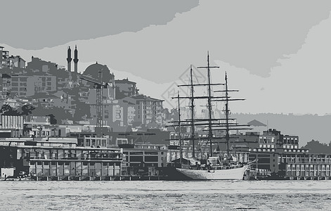 伊斯坦布尔的城市景观和景观与船日落建筑学假期蓝色全景建筑文化海景地标火鸡图片