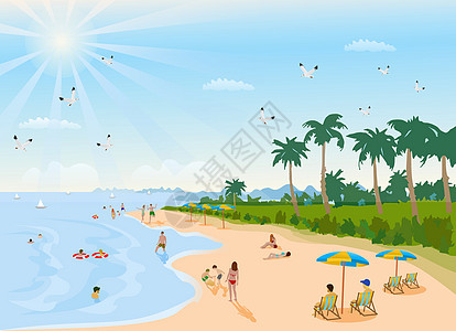 人们在假期在海滩上进行各种活动 天空和阳光在背景中闪耀图片