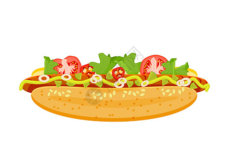 吃狗在白色背景隔绝的热狗 香肠蔬菜芥末热狗设计图片