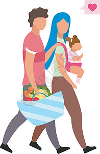 有孩子平面矢量图的爱的家庭 选择健康营养的年轻父母 丈夫提着篮子 里面有新鲜水果蔬菜 白色背景上孤立的卡通人物图片