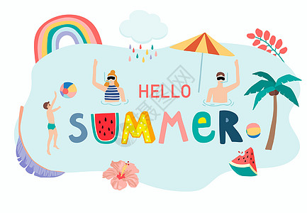 夏季背景集合与人 西瓜 beac游泳棕榈旅行朋友热带明信片享受活动海滩水果图片
