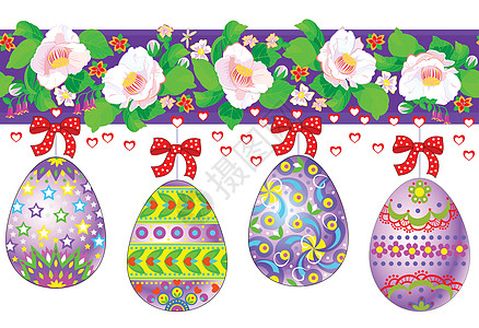 复活节问候日的无缝图案丝带 程式化的节日鸡蛋和丰富的花卉装饰的插图 横幅或海报的现代印刷品 最美好的节日祝福 矢量卡通形象图片