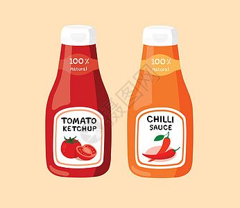 奶油背景上孤立的番茄酱和辣椒酱 番茄酱和辣椒酱适合搭配多种食物食用蔬菜胡椒包装塑料橙子辣椒瓶子味道产品标签图片