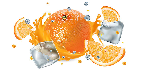 新鲜橙子在果汁中喷洒 冰块和飞滴子飞沫饮食立方体美食维生素甜点冷藏水果烹饪饮料图片