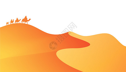 撒哈拉沙漠动画景观大篷车的骆驼和沙漠波浪 非洲沙漠中的平旗沙丘 矢量图橙色背景图片