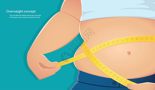 超重肥胖的人使用秤来测量他的腰围与蓝色背景矢量图 eps1腰部平衡男性成人裤子肚子身体插图男人暴饮暴食背景图片