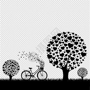 黑色木心与自行车透明背景插图叶子婚礼载体漩涡曲线爱心树叶生长红心图片