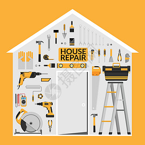 一套 DIY 家庭维修工作工具矢量标志设计模板在家庭形状的屋顶下 上门维修维修图标 用于家庭装修施工的手动工具 平面设计锤子成套图片