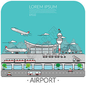 繁忙机场的向量与飞机起飞着陆和停车包括机场周围的交通 乘飞机旅行图片