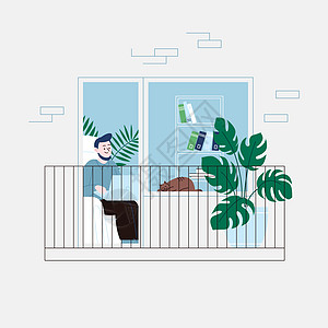 阳台上的植物一个留着胡子的男人待在家里进行隔离的平面插图 他坐在椅子上 在客厅的笔记本电脑上工作 公寓阳台门的门面设计图片
