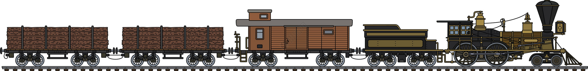 老式美国蒸汽火车煤炭货运棕色黄铜车辆荒野铁路黑色机器木材图片