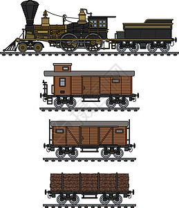 老式美国蒸汽火车机器铁路运输货运卡通片棕色插图荒野煤炭黄铜图片