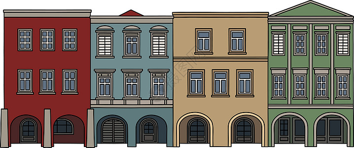 四个历史悠久的汉堡屋建筑街道卡通片插图公地回廊白色红色大街法庭图片