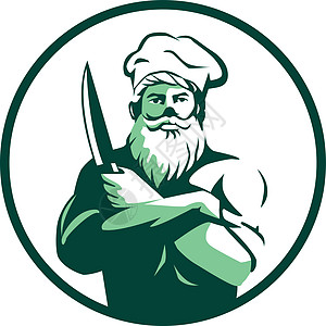 刀子环形大刀十字长臂厨师工人刀刃双臂帽子艺术品食品男性胡子圆圈插图图片