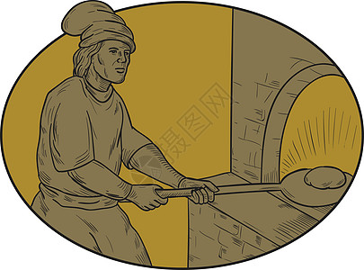 中世纪面包师面包皮木烤箱椭圆形抽屉手工男人厨师面团刮板手绘木头草图艺术品面包师图片
