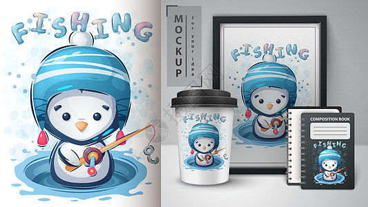 冬季企鹅海报和商品销售小样卡通片插图婴儿卡片杯子动物渔夫孩子孩子们图片