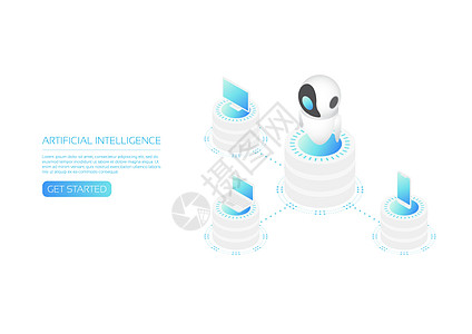 Ai技术异度计卡通片商业等距界面插图全息学习人工智能电脑数据库图片