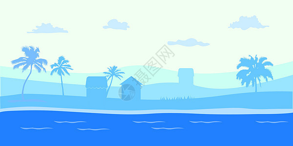 全景图热带海景的蓝色海洋和岛上的椰子树 全景海海滩和蓝天沙子 夏季假期的矢量插图景观海滨图片