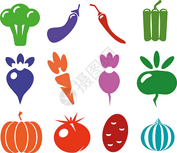 一组白色背景上不同蔬菜的图标 标志 农场的蔬菜 平面样式 矢量图图片