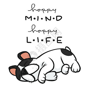 狗睡觉快乐的心幸福生活 法国牛犬睡觉卡通漫画矢量插图设计图片