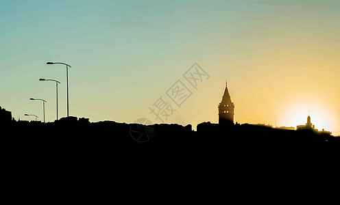 加拉塔塔日出时的轮廓石头建筑旅行旅游文化尖塔城市日落橙子夕阳图片