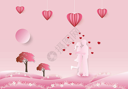 在粉红色背景 纸张艺术 纸画 c页上站着的夫妇图片