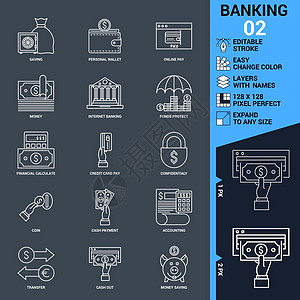 银行图标集 薄线矢量说明信用交换计算器会计资金财富取款机商业卡片建筑图片