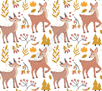 可爱的小鹿在秋天的森林无缝模式 重复纹理 小鹿和树叶落下无尽的背景 它制作图案矢量图片