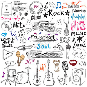 音乐项目涂鸦图标集 手绘草图 包括音符 乐器 麦克风 吉他 耳机 鼓 音乐播放器和音乐风格字母符号 矢量插图 孤立合成器光盘笔记图片